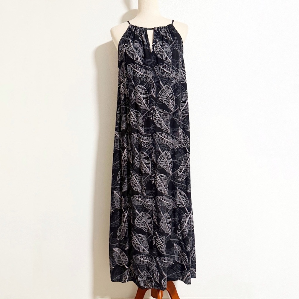 Hula Bay Tropical Leaf Halter Tie Side Slit Maxi Dress